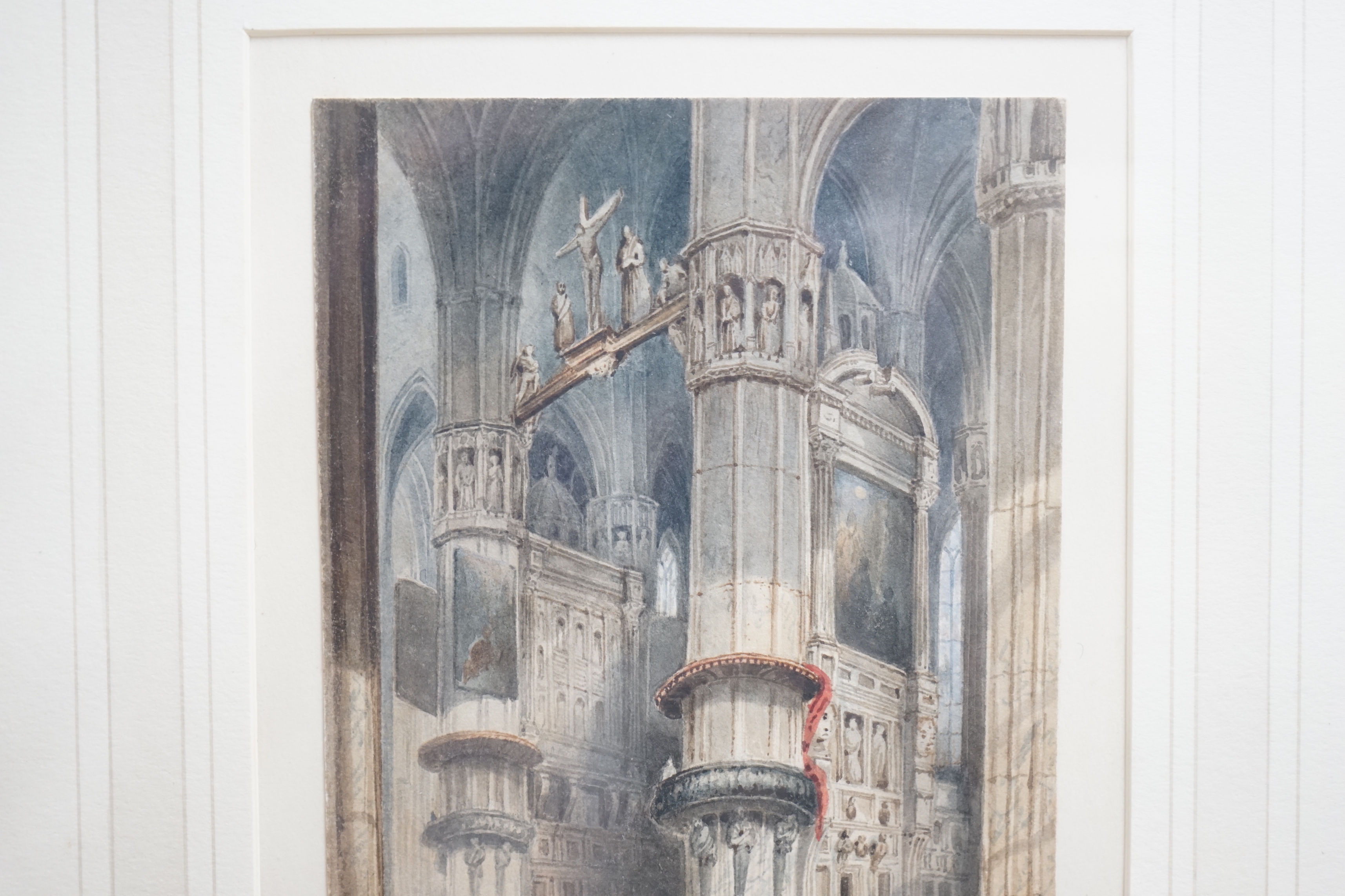 Andrew Mercer (1775-1842), miniature watercolour on card, Interior of Milan Cathedral, inscribed verso, ‘inscribed and signed on the reverse’, 13.5 x 9cm